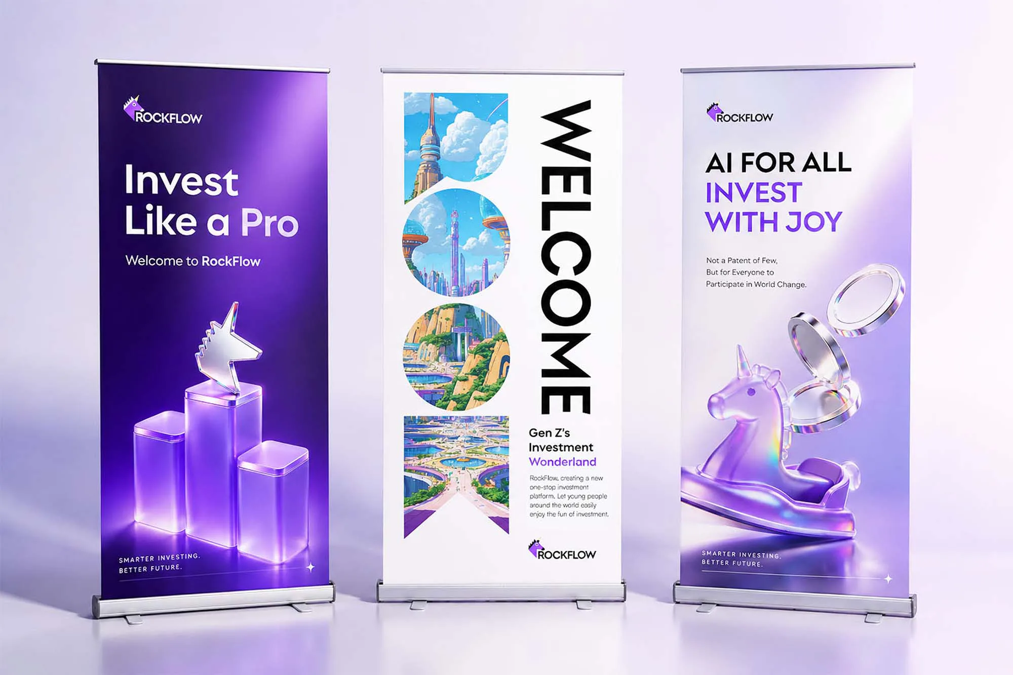 Three RockFlow roll-up banner designs